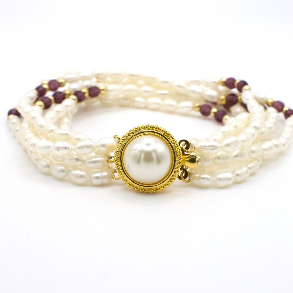 Vintage Gold Tone Multi-strand Rice Pearl and Bead Bracelet